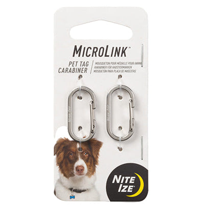 Nite Ize MicroLink pet tag carabiner packaging with a dog photo on a white background