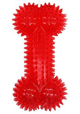 Red dog toy with spiky texture on a white background, featuring the brand 'Büd'z'.