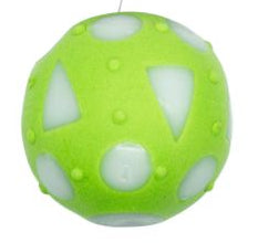 Green dog toy with white spots on a Budz packaging