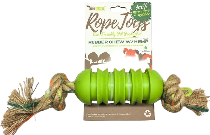 Green dog chew toy with rope and packaging on a white background