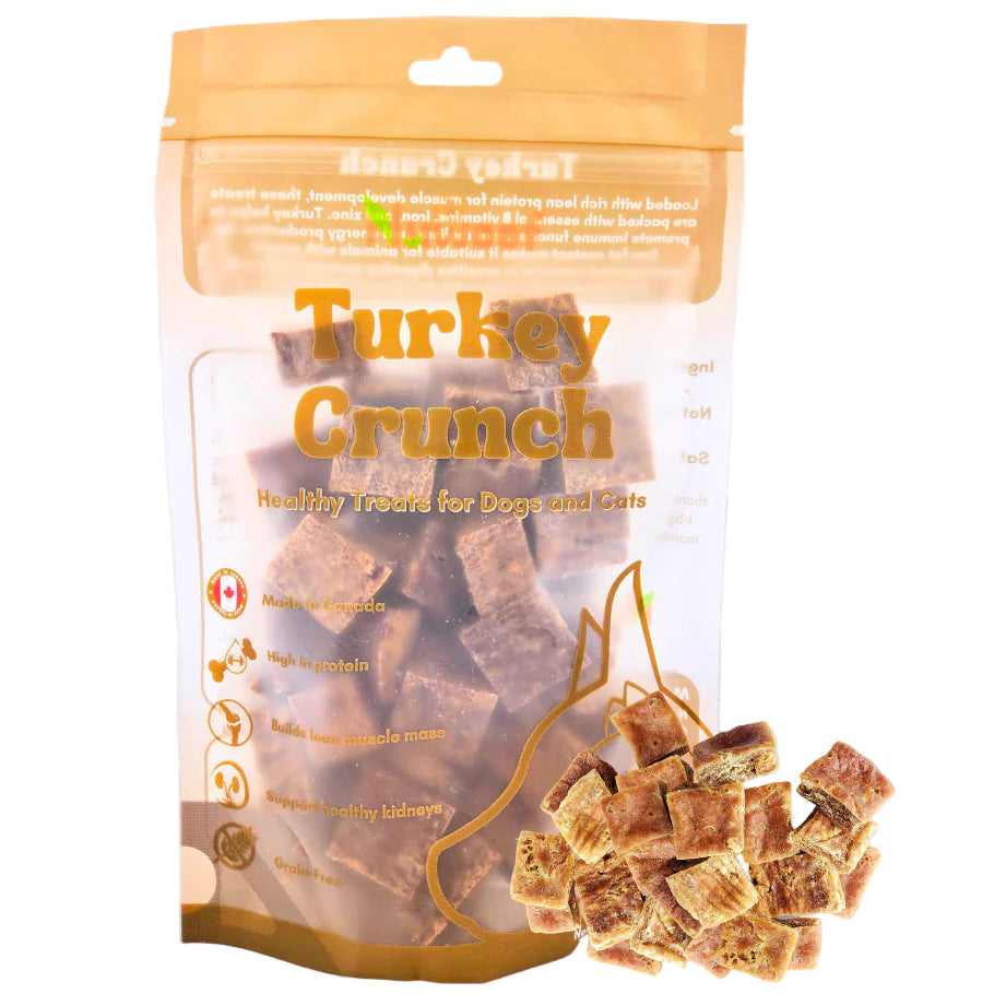 Package of Nuwoof Turkey Crunch treats for dogs and cats on a white background