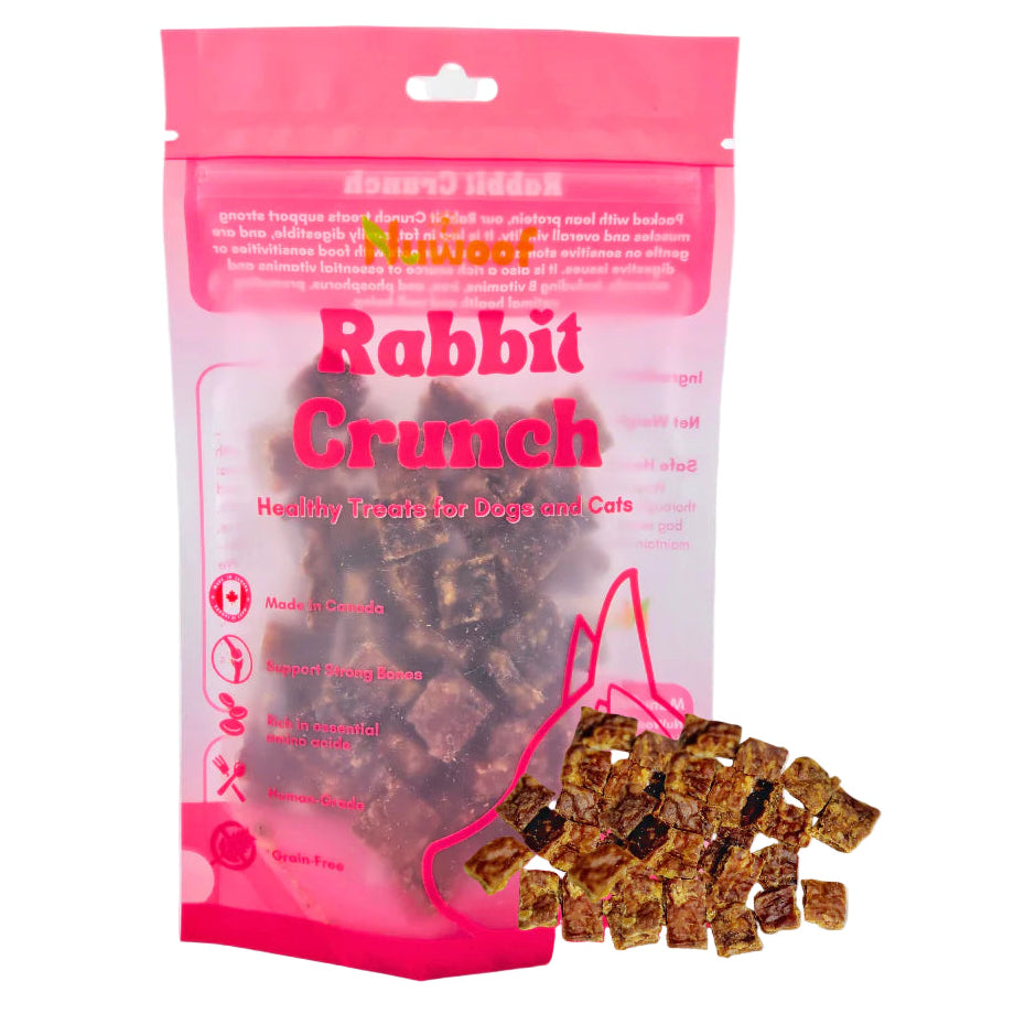 Pink package of Nuwoof Rabbit Crunch on a white background