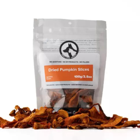 Bag of dried pumpkin slices with a label on a white background
