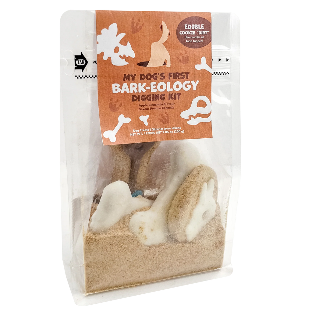Dog cookie kit labeled 'My Dog's First Bark- Ecology Digging Kit' 