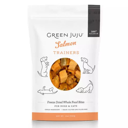 Package of Green Juju Salmon Trainers freeze-dried whole food bites on a white background