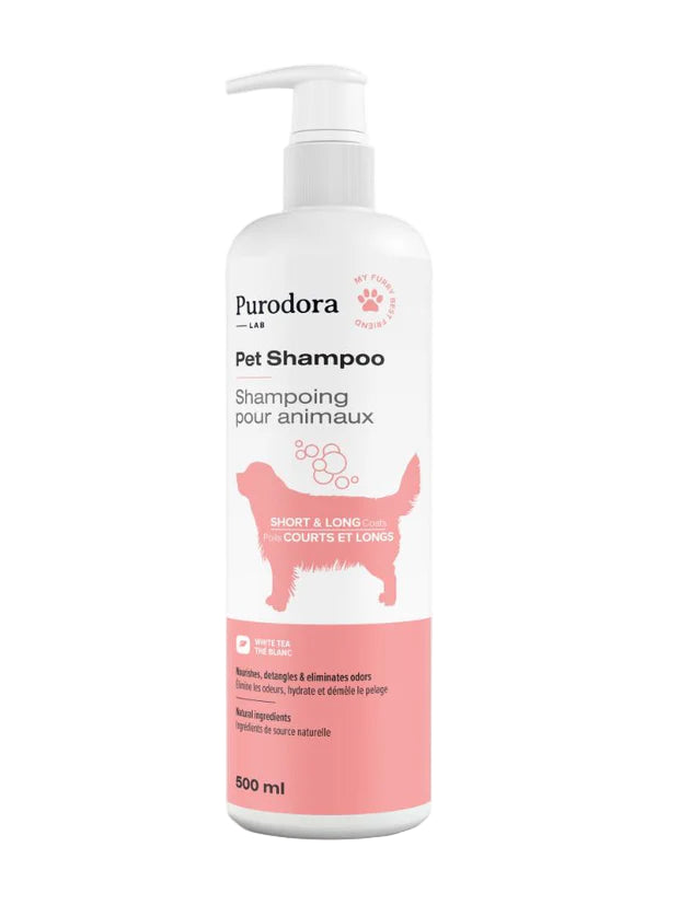 Purodora pet shampoo bottle with a pump on a white background