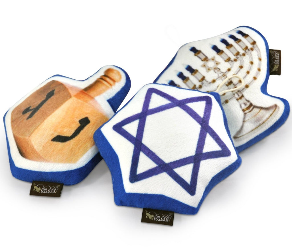 P.L.A.Y. Hanukkah Plush Toy - 3 pcs Set - Star of David, Dreidel, Menorah